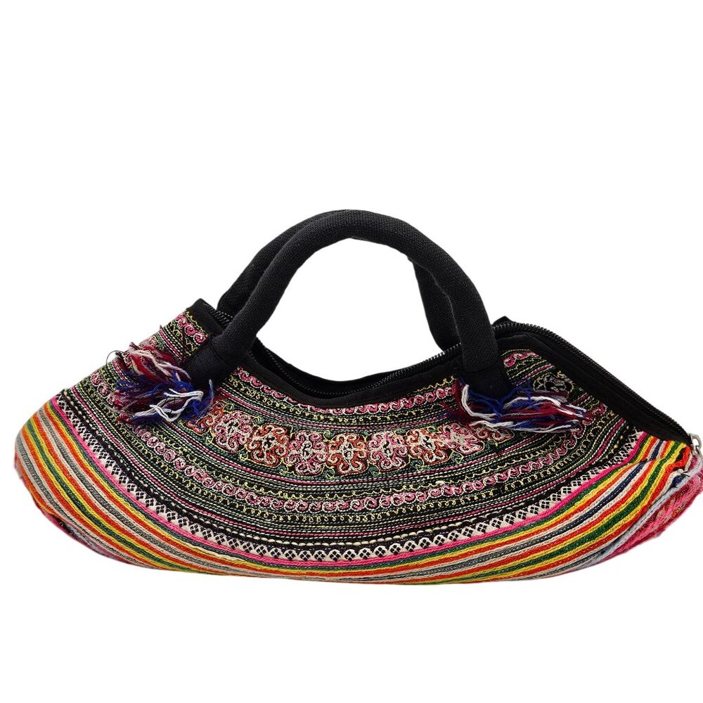 Colorful Embroidered Boho Handbag With Zipper & Dual Handles - Picture 2 of 8